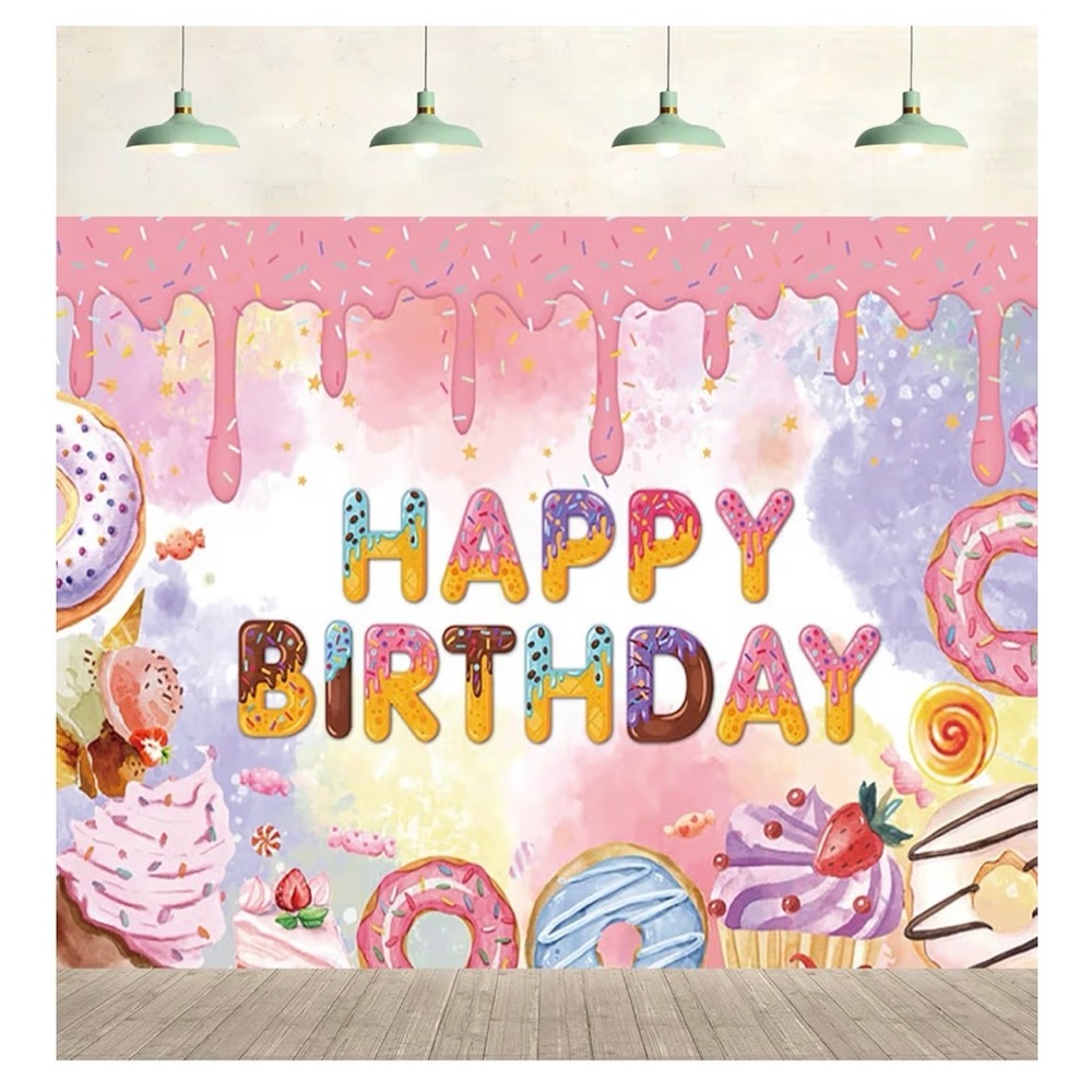 Donut Happy Birthday Backdrop,5 x 7, Colorful Ice Cream Cupcake Cookie